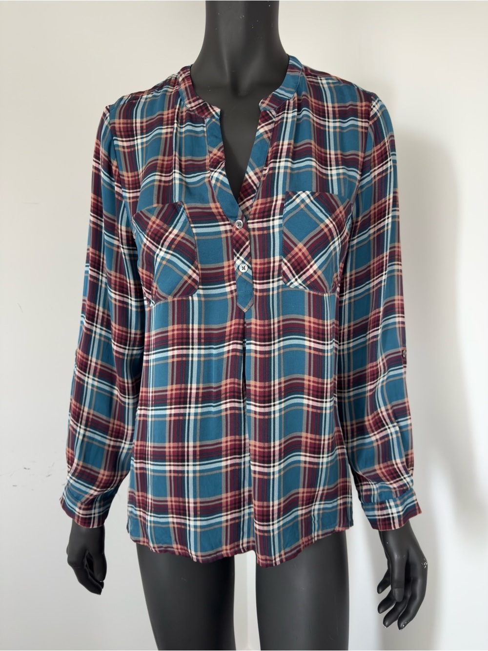 286. Joie SILK Plaid Button-Down Shirt in Teal and Burgundy